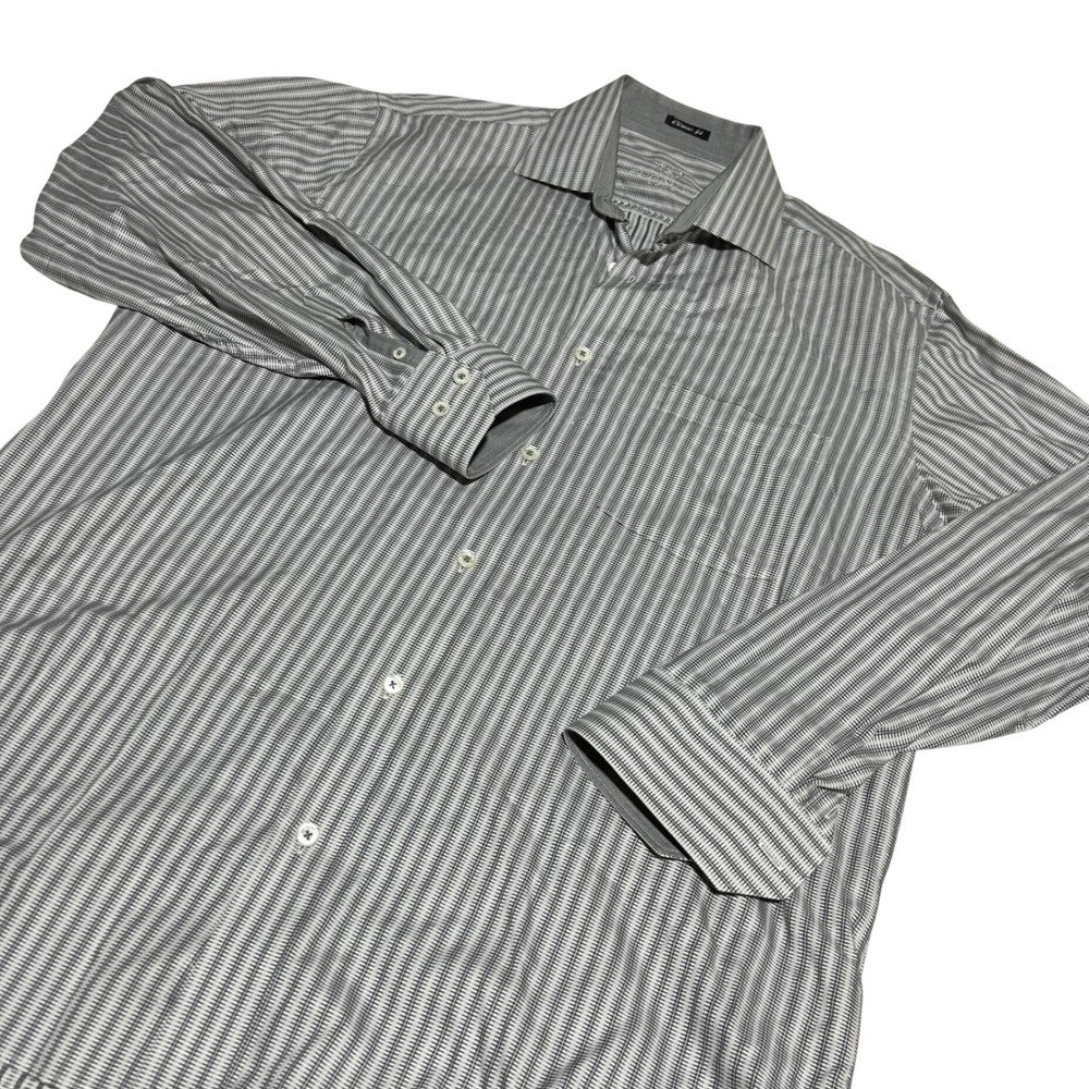 Bugatchi Uomo Dress Shirt Mens XL Grey White Striped Classic Fit Long Sleeve